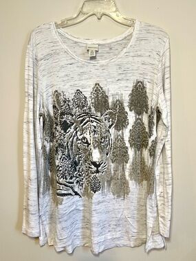 Zenergy by Chico’s Graphic Tiger Long Sleeve Tee - White & Gray - Size M (2)